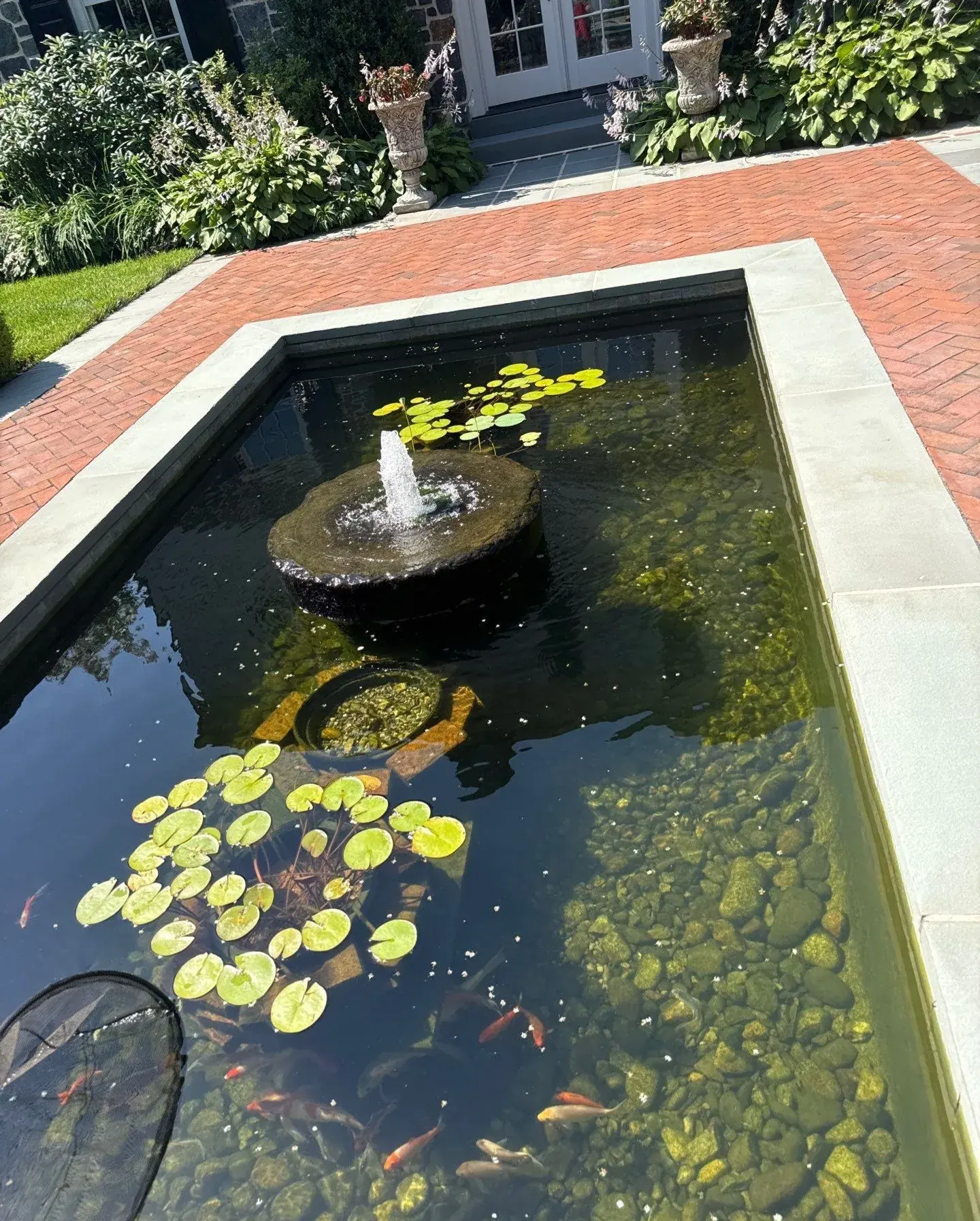 Formal courtyard pond with clear water, lilies, and a central fountain