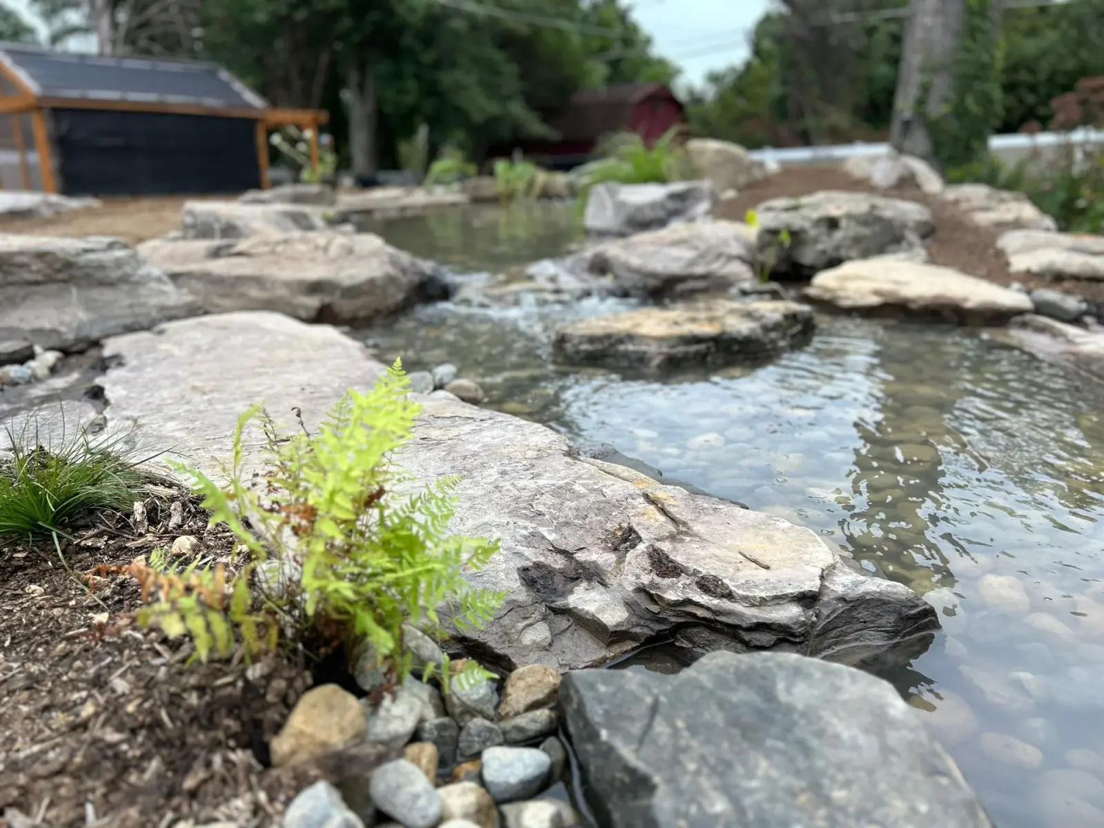 Natural stream system with layered stone cascades and aquatic plantings
