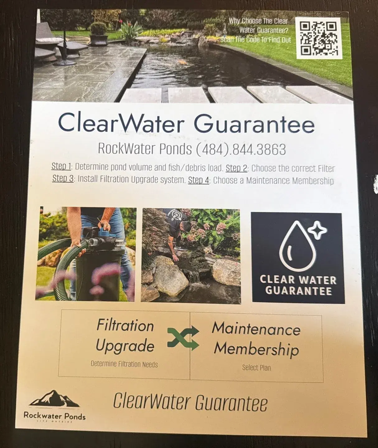 Rock Water Ponds ClearWater Guarantee display showing filtration and maintenance working together