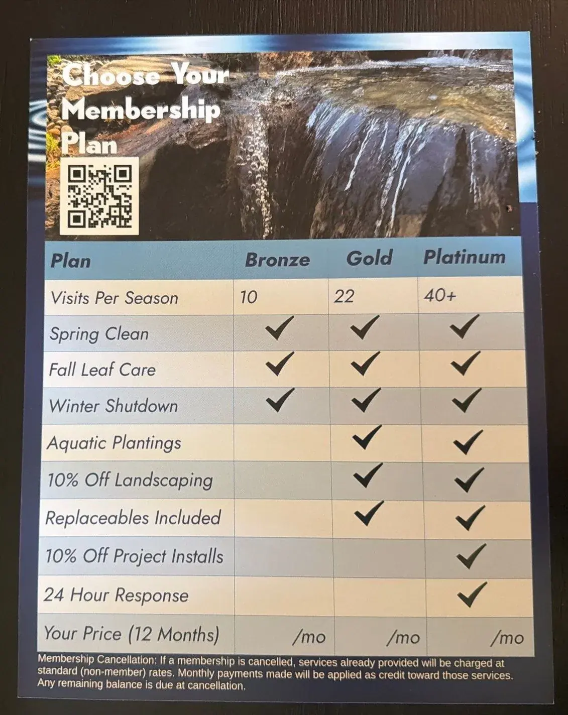 Rock Water Ponds maintenance membership tier comparison displayed at a client event