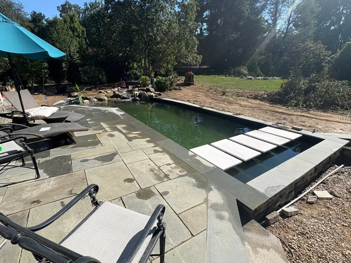 Maintained pond with clear water and stone edge